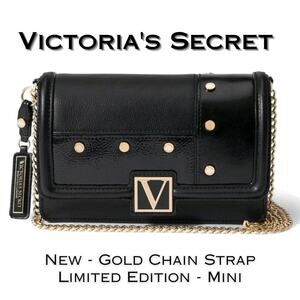 NEW Victorias Secret Ltd Edition Mini Crossbody Shoulder Black Bag Gold Chain